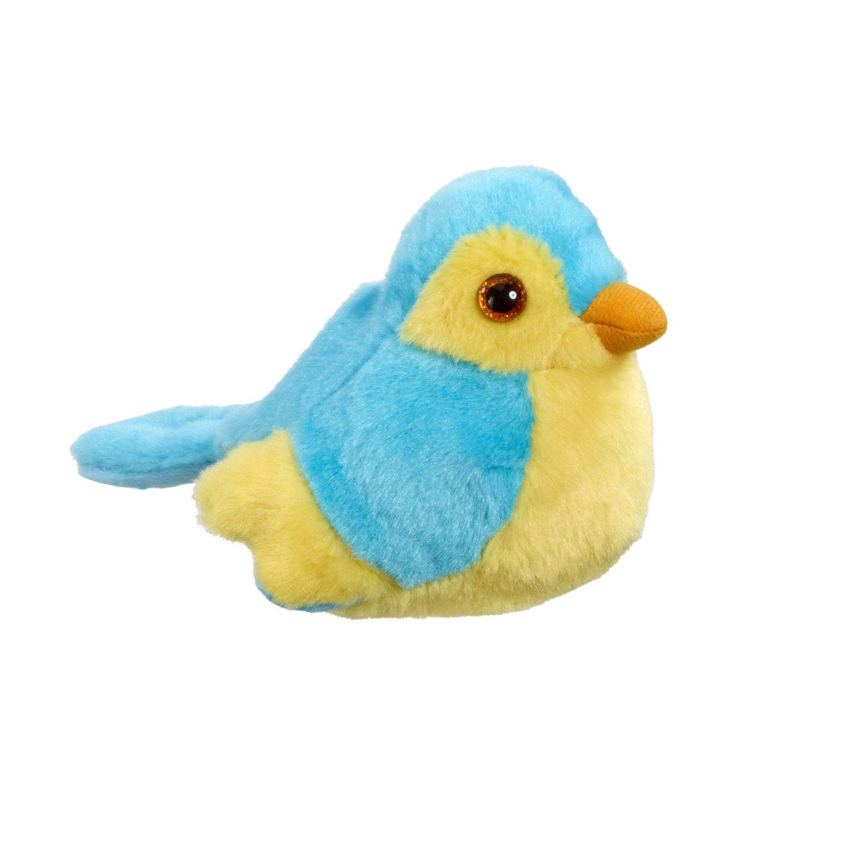 Plush toy bird with blue wings and yellow body on a white background