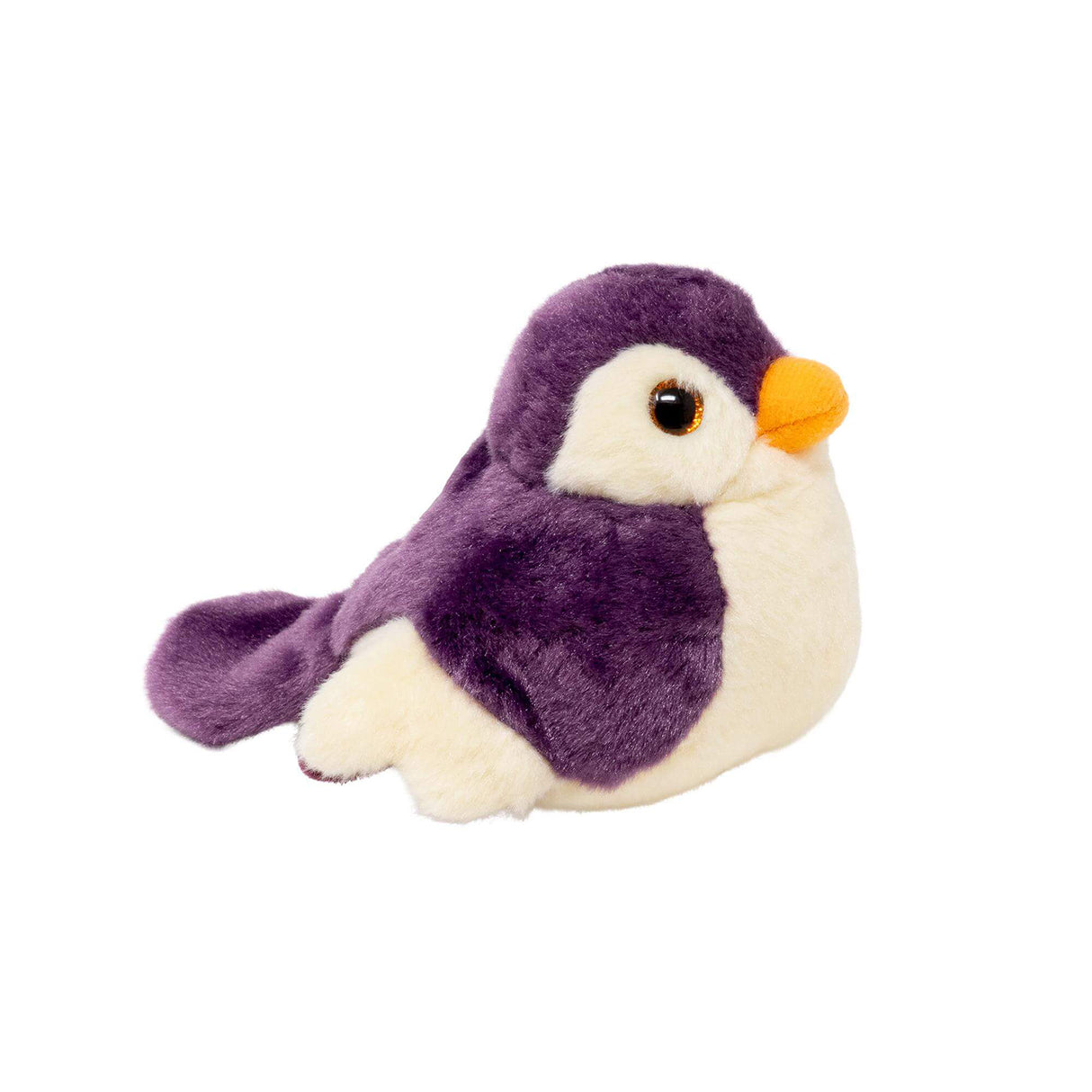 Purple plush Musical Gipsy Birdie soft toy with cream belly and orange beak on a white background