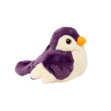 Purple plush Musical Gipsy Birdie soft toy with cream belly and orange beak on a white background