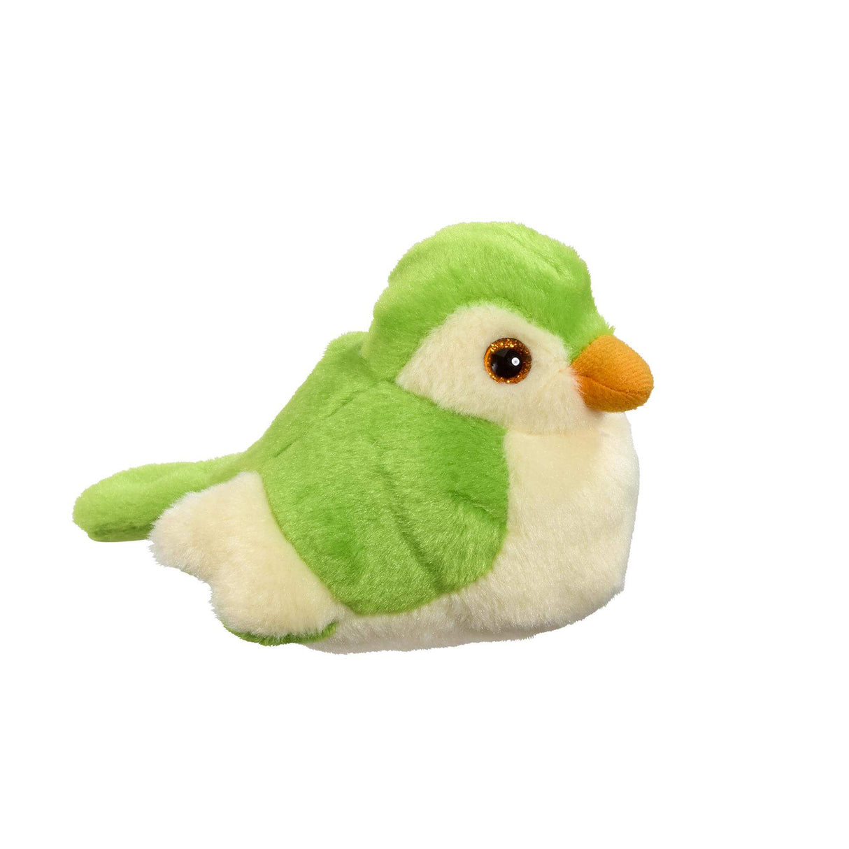 Plush toy bird with green body and cream belly on a white background