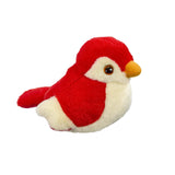 Red and cream plush bird toy on a white background