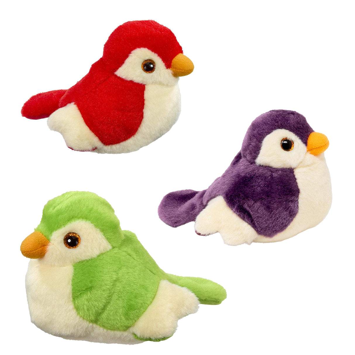 Three plush musical bird toys on a plain white background: one red, one purple, and one green and white background