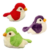 Three plush musical bird toys on a plain white background: one red, one purple, and one green and white background