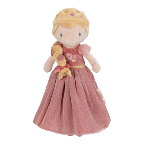 Soft doll with long pink dress and blonde braid wearing a crown on a white background