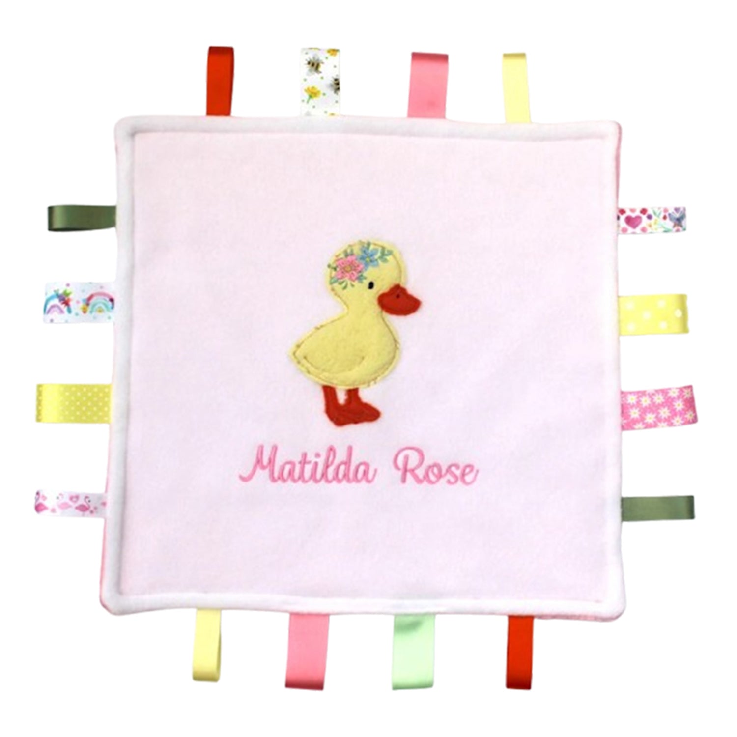 Handmade baby comfort taggy blanket with a duckling design and colourful tags on a white background