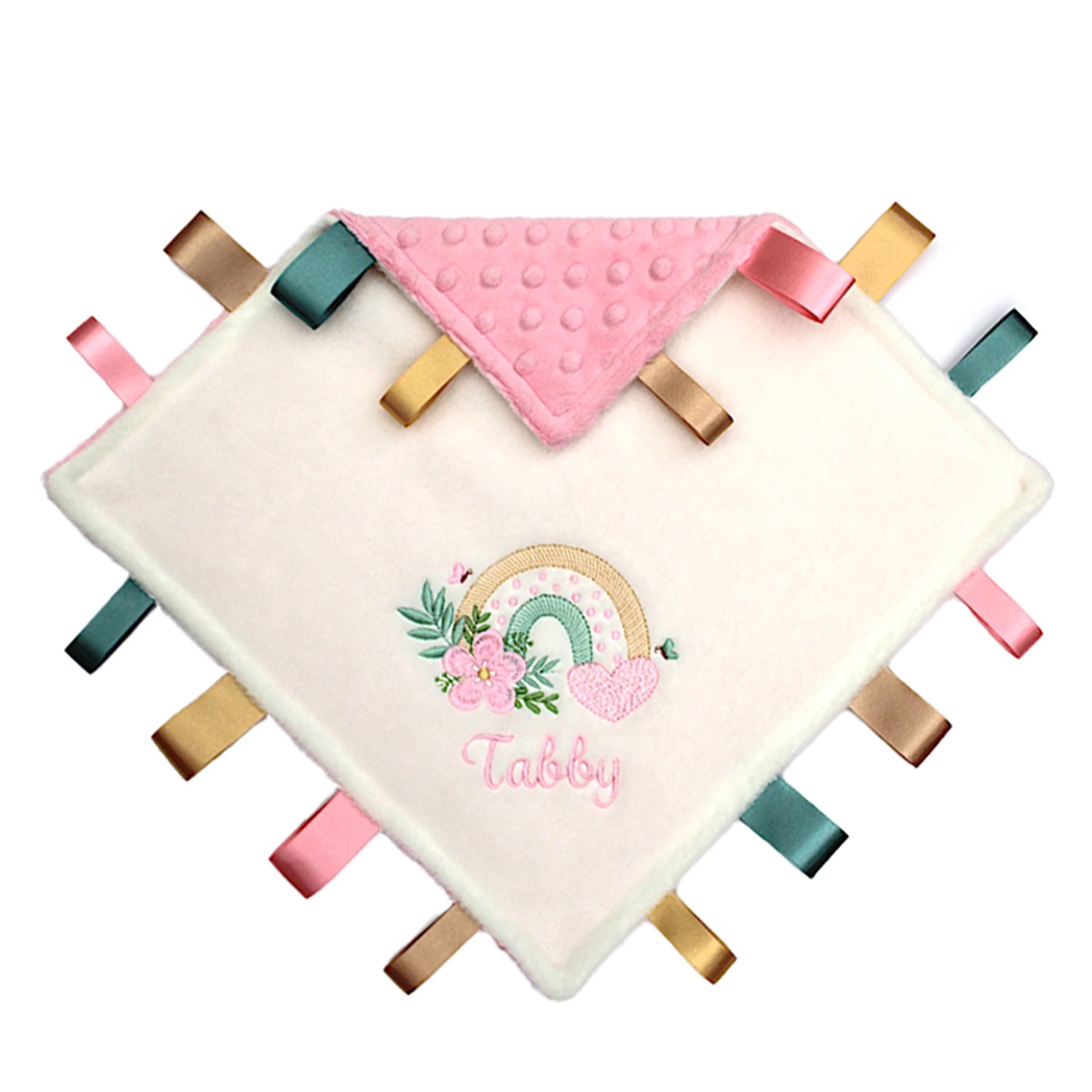Baby Rainbow Floral Comfort blanket with colourful tags and embroidered design