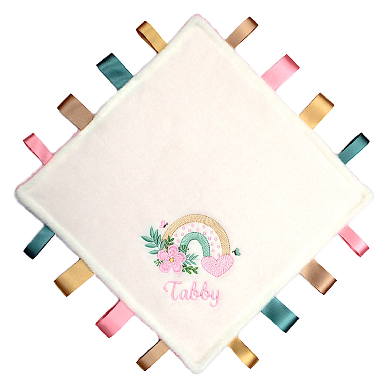 Baby Rainbow Floral Comfort cream blanket with pretty tags and embroidered design