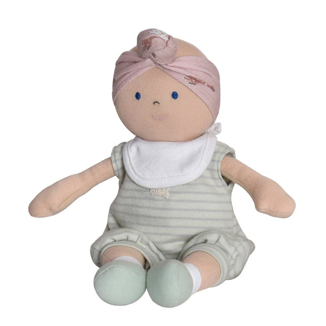 Bonikka Baby Clarain cloth doll for babies, toddlers and Children wear a green stipey bodyvest, white bib and pink headband