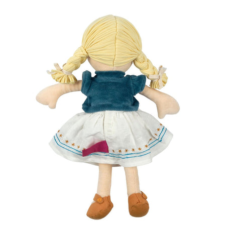 Plush doll with blonde hair, blue top, white dress, and brown shoes on a white background