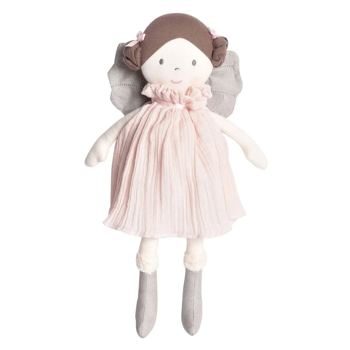 Stuffed doll with a pink dress and brown hair and grey fairy wings and feet on a white background