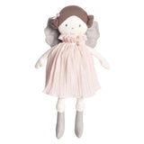 Stuffed doll with a pink dress and brown hair and grey fairy wings and feet on a white background