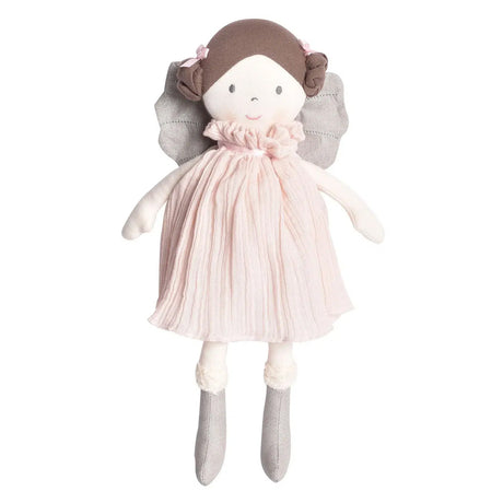 Stuffed doll with a pink dress and brown hair and grey fairy wings and feet on a white background