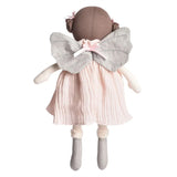 Stuffed toy with a pink dress and gray wings on a white background