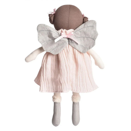 Stuffed toy with a pink dress and gray wings on a white background