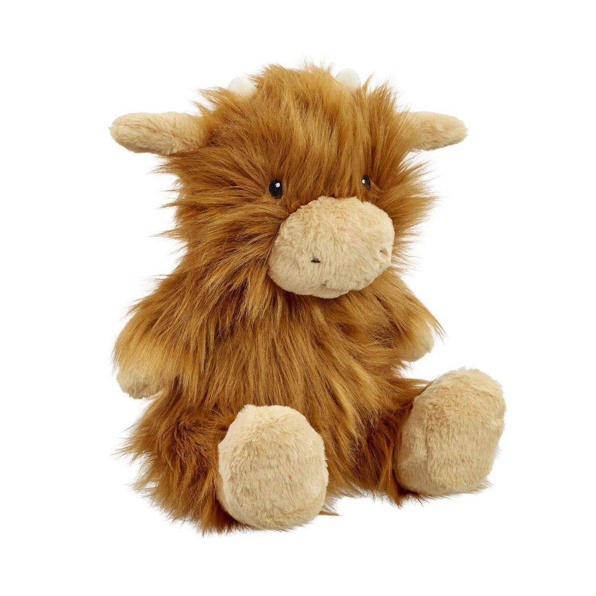 A large soft toy resembling a Highland cow with long brown hair, beige body, and brown plush horns, nose, and hooves.
