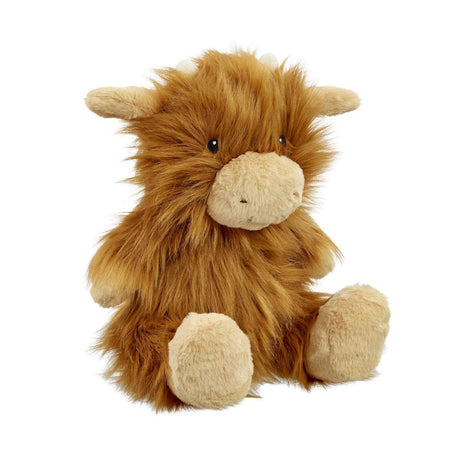 A large soft toy resembling a Highland cow with long brown hair, beige body, and brown plush horns, nose, and hooves.
