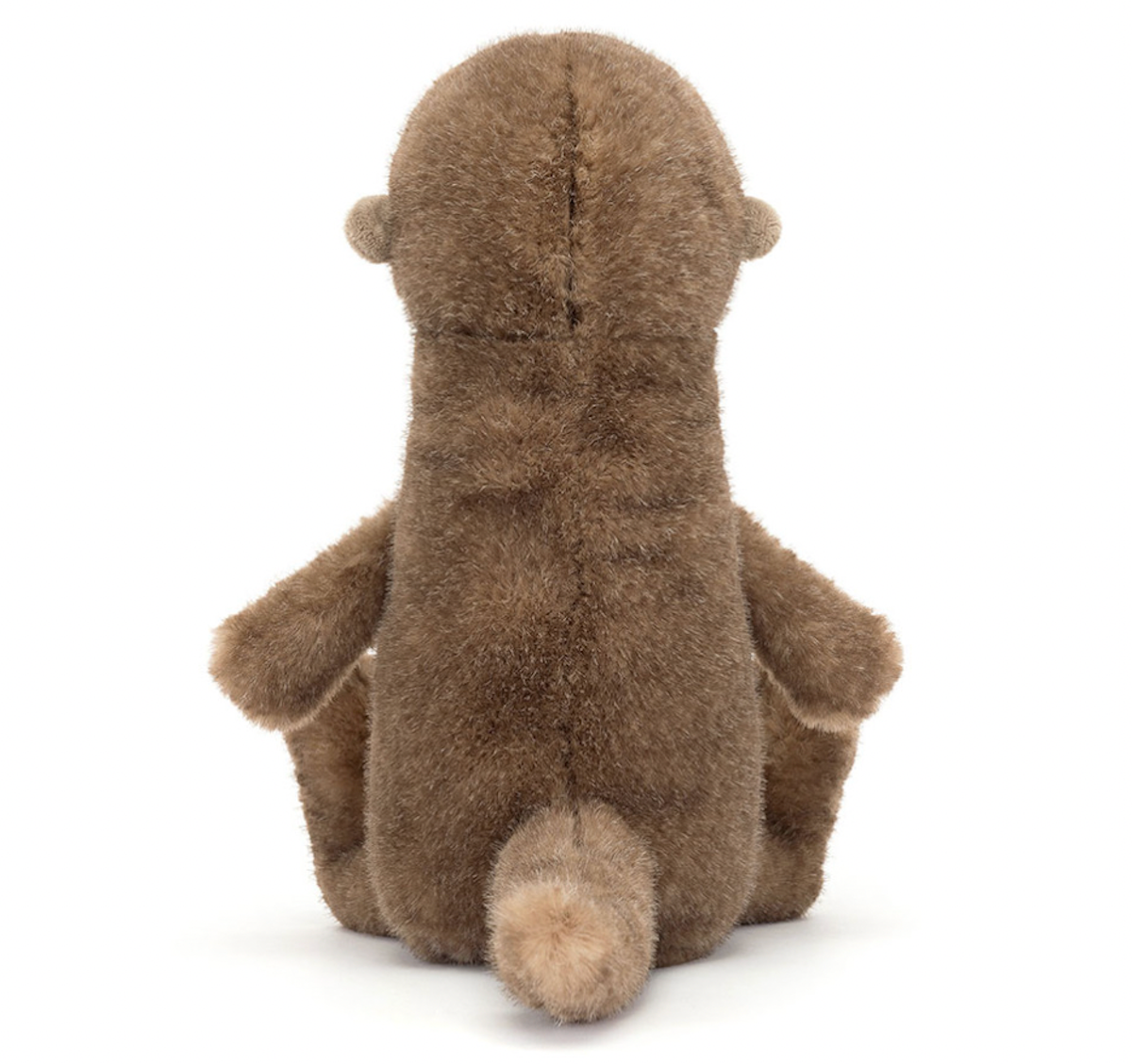 A plush toy depicting a brown otter with a soft, mottled fudge fur texture, butterscotch ears, a black nose, and bright black eyes. It is seated with a long, chunky tail extended.