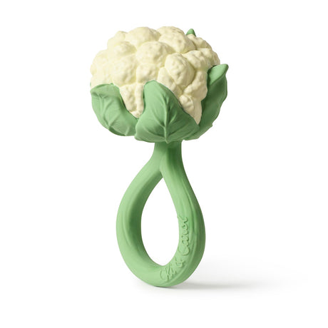 Green natural rubber teething ring in the shape of a cauliflower on white background