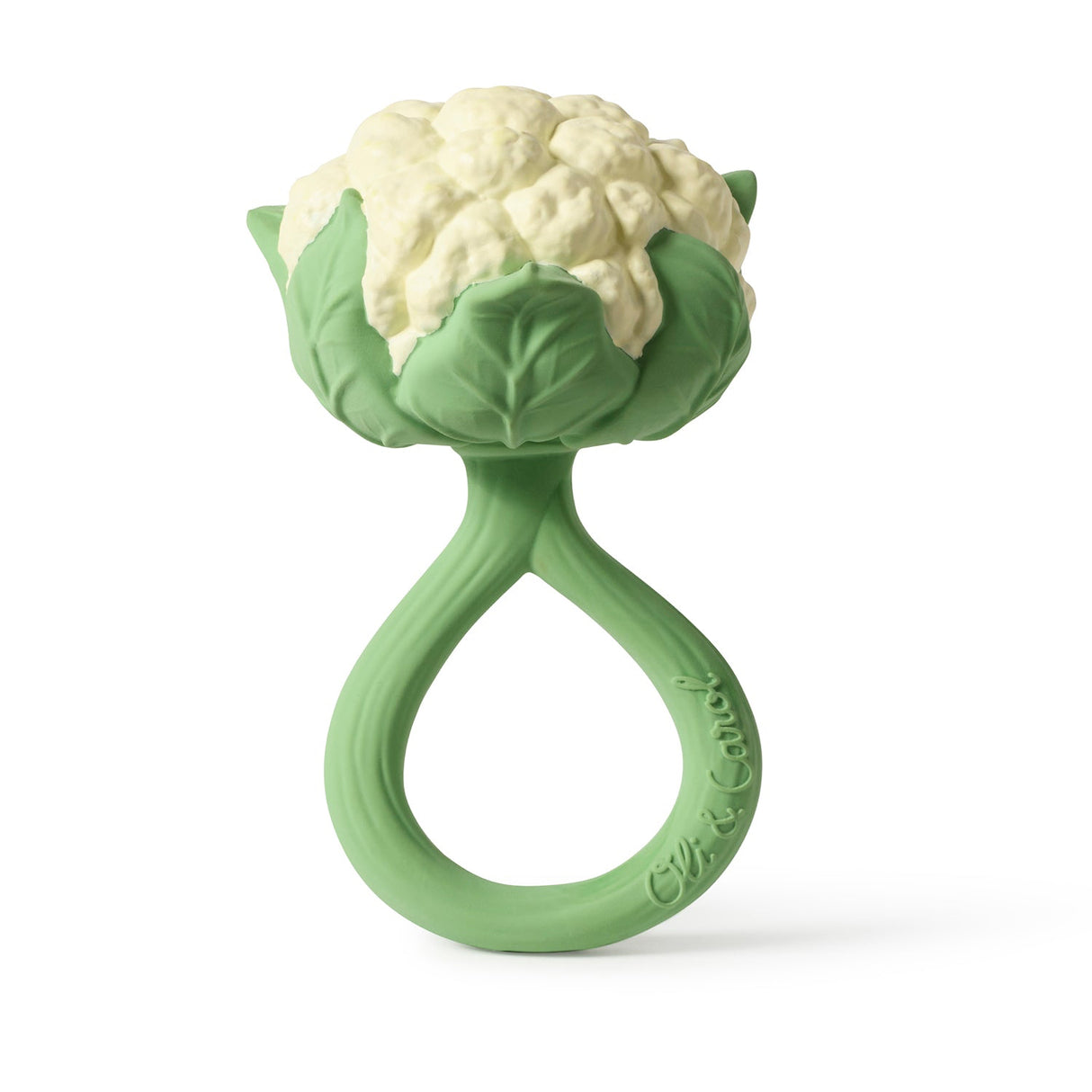 Green natural rubber teething ring in the shape of a cauliflower on a white background