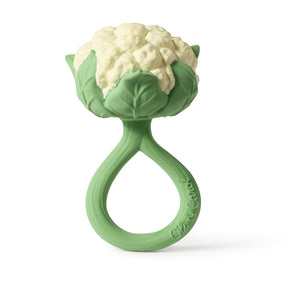 Green natural rubber teething ring in the shape of a cauliflower on a white background