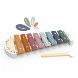 A wooden toy xylophone with 8 colourful keys in shades of orange, brown, pink, gray, blue, and green, shown with a wooden mallet on a white background.