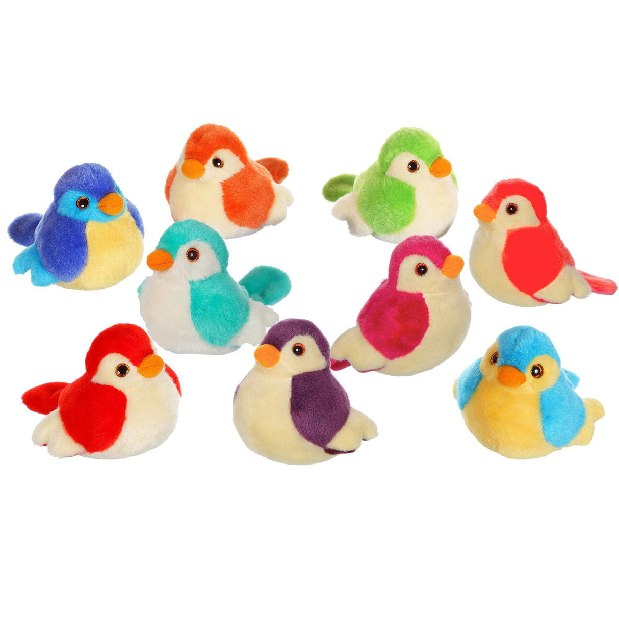 Set of colourful plush soft musical birds on a white background