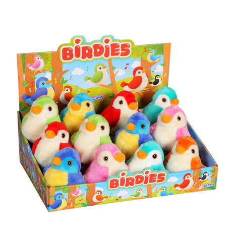 Box of colourful plush bird toys with 'Birdies' branding on a white background