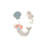 Set of embroidered brooches including a mermaid, seashell, and seahorse 