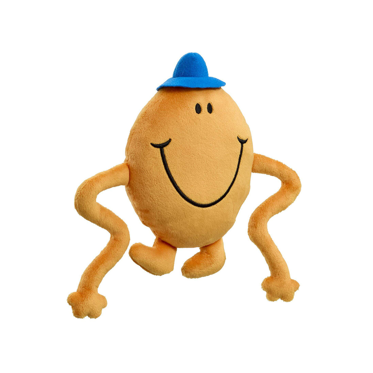 Mr mens Mr Tickle soft toy with long arms, orange body, blue hat and a big smile, side view