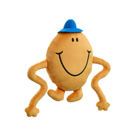 Mr mens Mr Tickle soft toy with long arms, orange body, blue hat and a big smile, side view