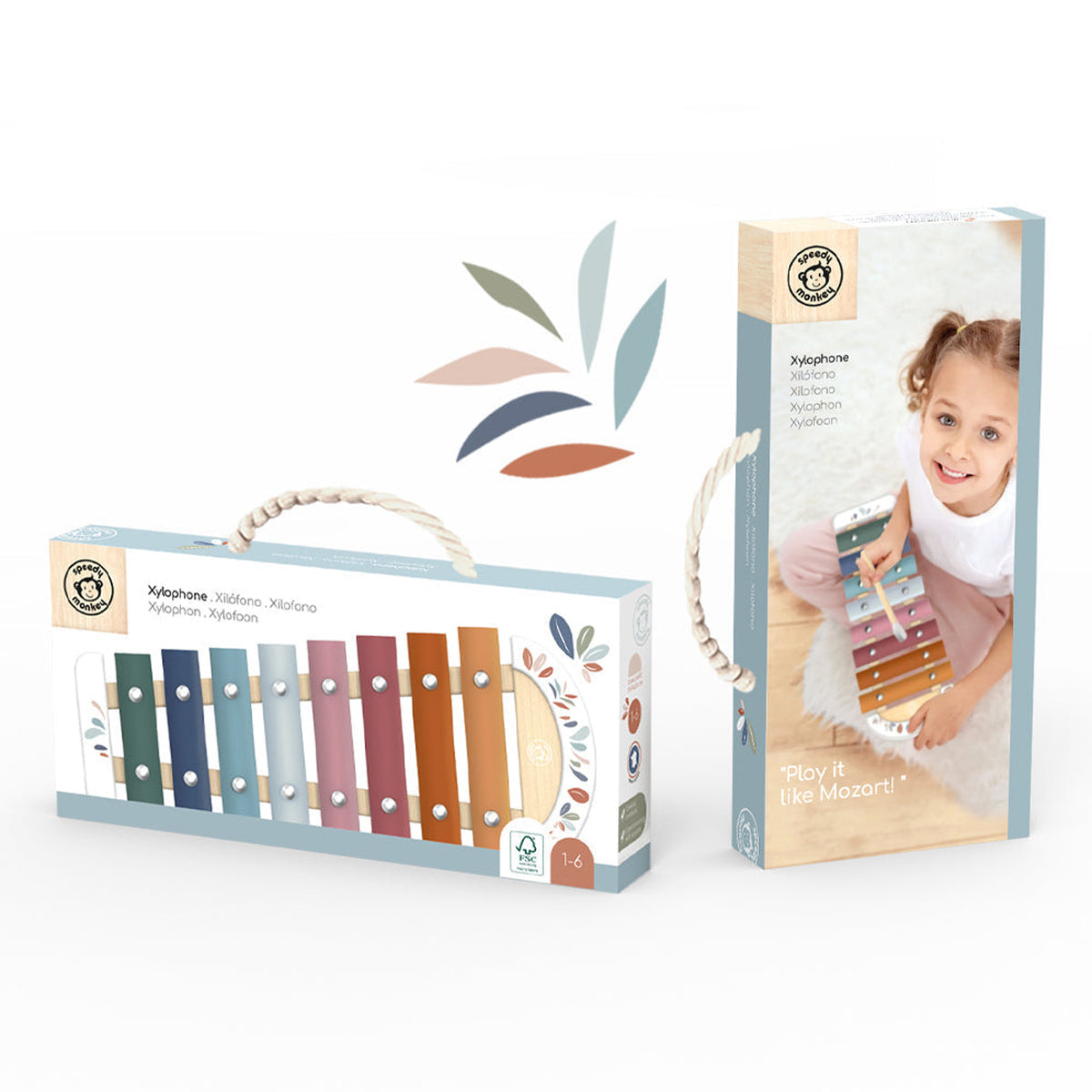 Children's xylophone with packaging featuring a child playing the xylophone on a white background