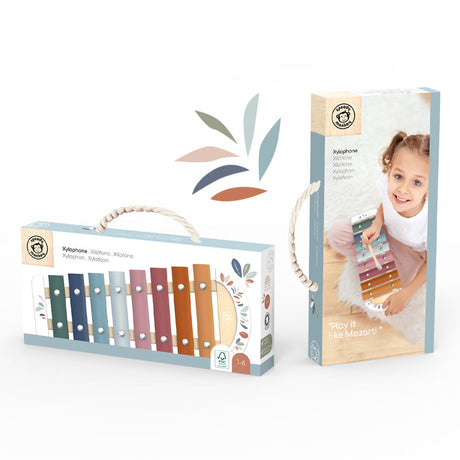 Children's xylophone with packaging featuring a child playing the xylophone on a white background