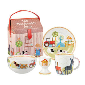 Old Macdonalds farm breakfest toddler childrens set. Farm plate, bowl, mug and egg cup.