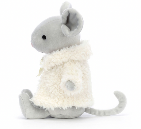 A plush toy depicting a mouse with silver-grey fur, fluted ears, a long curled tail, and a comfy coat