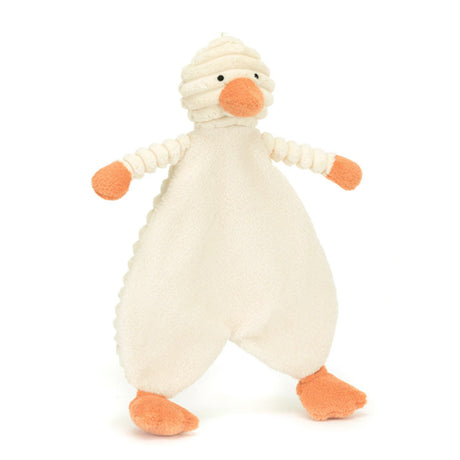 A plush toy resembling a beige and white baby duckling with orange feet and a soft, textured body.