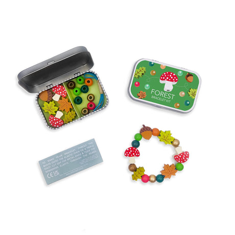 Forest-themed bracelet kit with colorful beads and a completed bracelet on a white background