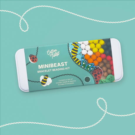 Cotton Twist Minibeast bracelet beading kit packaging on a teal background