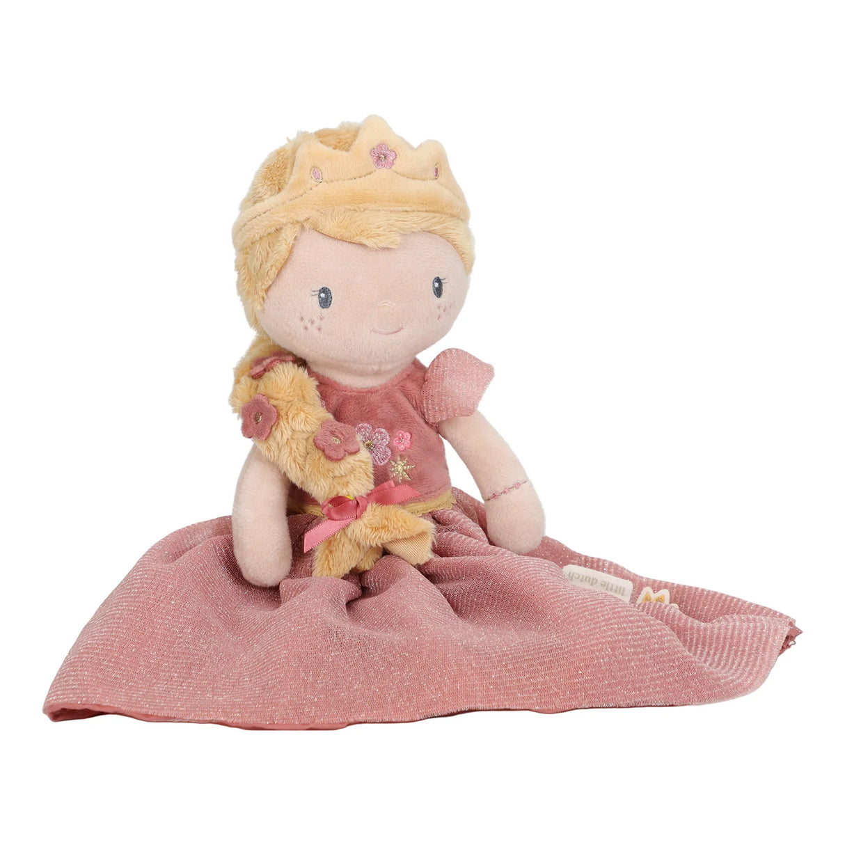 Soft toy doll with blonde hair, pink dress, and crown on a white background