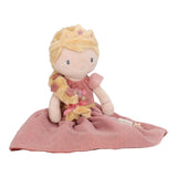 Soft toy doll with blonde hair, pink dress, and crown on a white background