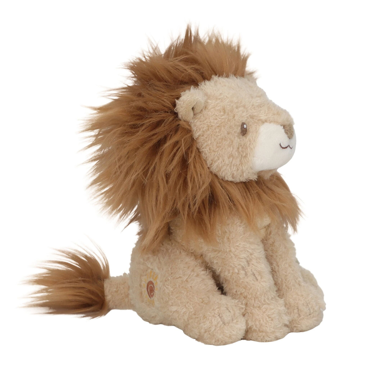 A plush stuffed lion toy with a fluffy tan and cream body, a darker brown mane
