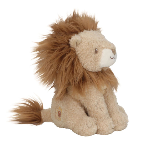 A plush stuffed lion toy with a fluffy tan and cream body, a darker brown mane