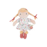 Soft mini doll with blonde pigtails and a floral dress on a white background