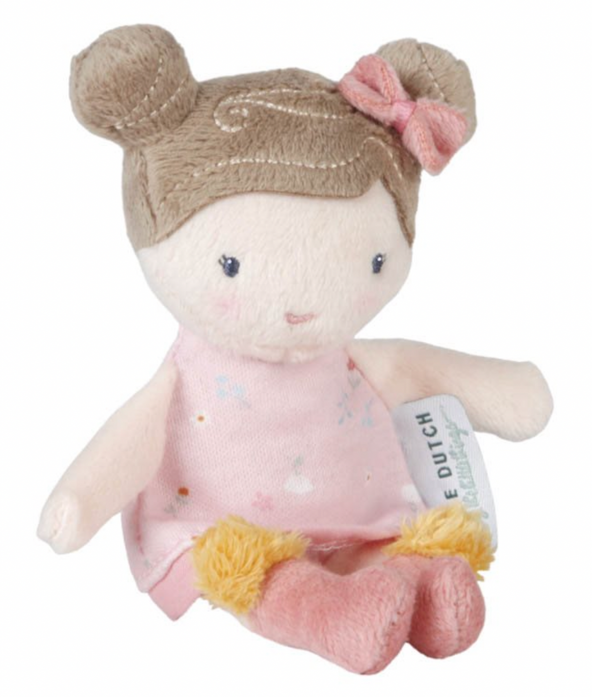 Little Dutch Cuddle Doll Rosa 10cm - soft plush doll in pink floral dress with yellow pompom shoes, seated view