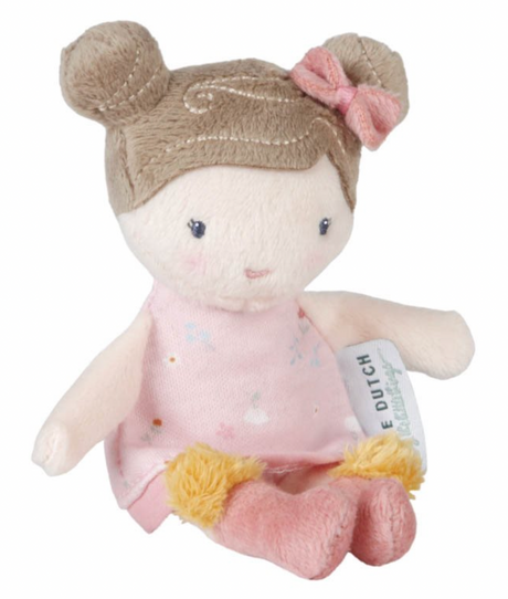 Little Dutch Cuddle Doll Rosa 10cm - soft plush doll in pink floral dress with yellow pompom shoes, seated view