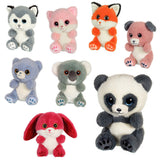 A set of eight soft animal toys arranged on a plain white background, including a husky, pink cat, orange fox, pink dog, blue bear, koala, panda, and red rabbit.