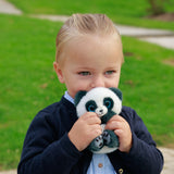 A young child holding a plush panda toy against their face with a blurred green grassy background.