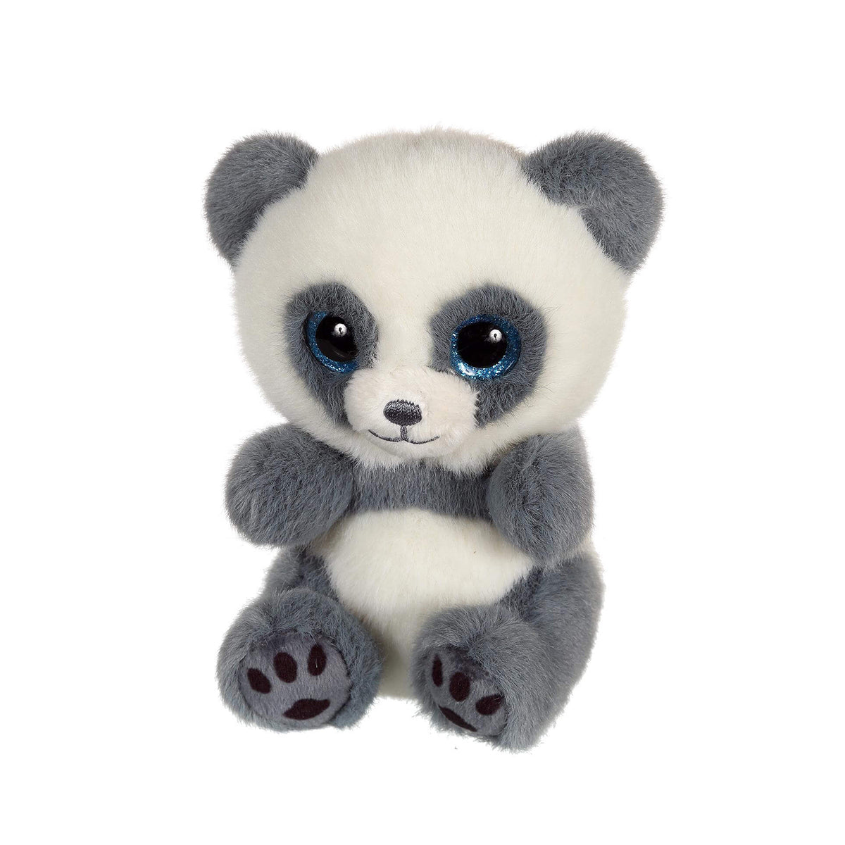 A panda soft toy with a white body, gray ears, arms, and legs, and large glittery blue eyes, shown against a plain white background.