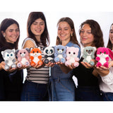Full Cutydoos collection of small plush animal soft toys by Rainbow Designs held by four young women, including husky, pink dog, fox, panda, koala and rabbit