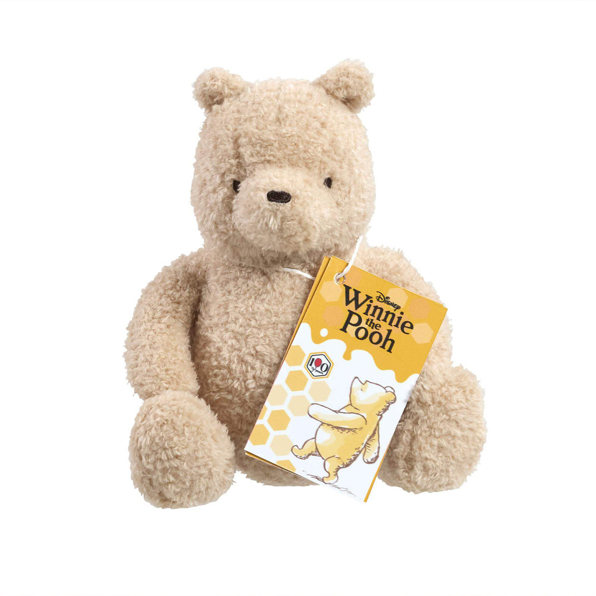 Official Disney Winnie the Pooh 100 soft plush bear sitting with Rainbow Designs gift tag on white background