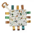 Baby comfort blanket with animals and plants, ribbon tags in browns and greens and wooden elephent teether attached